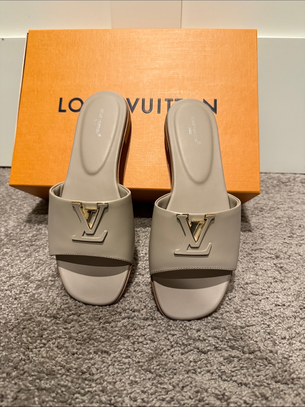 Louis Vuitton Neutral Beige Leather Slide Mules with Gold LV Emblem